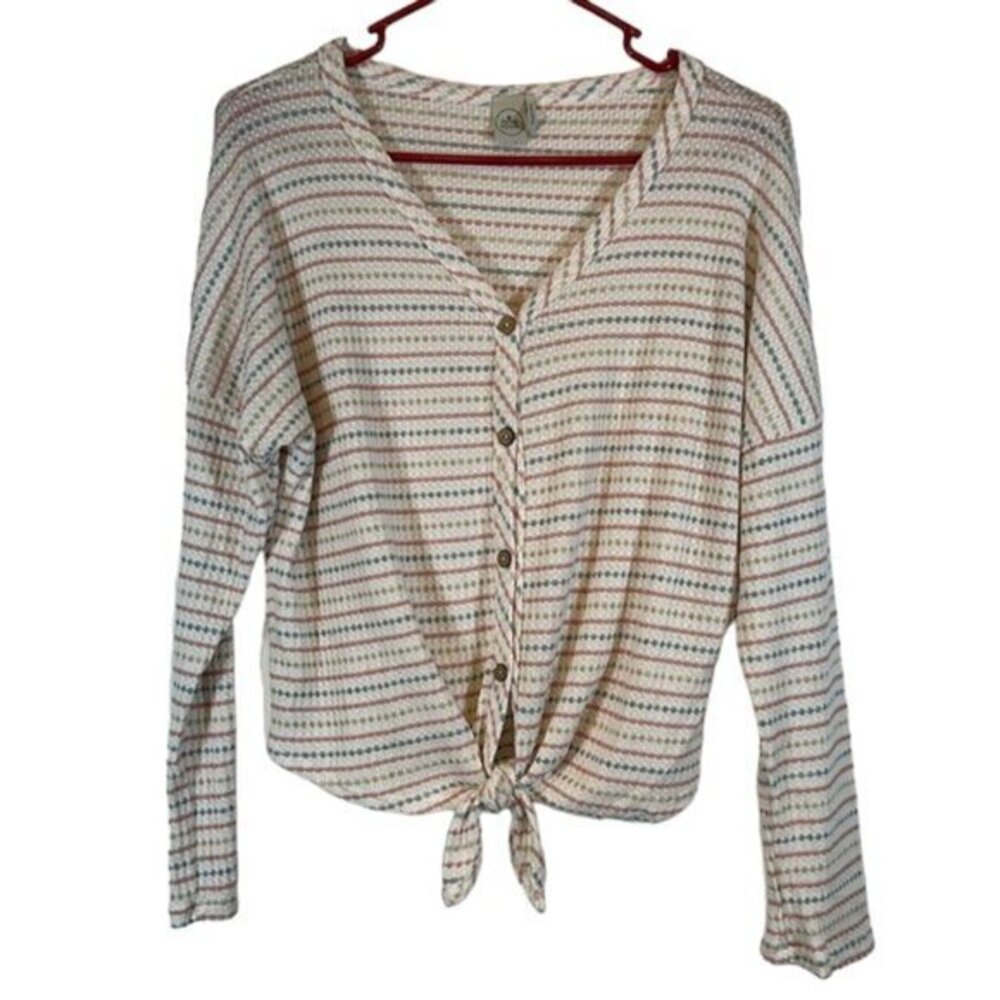 PAPER CRANE Stripe Gray Pink Tie Front Knit Button Down Top Size Large EUC #0551